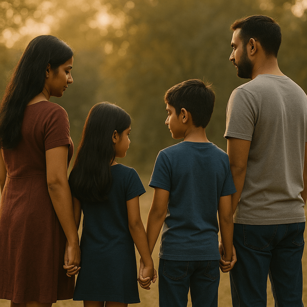 Two parents, likely Indian origin, holds hands of their two young children.