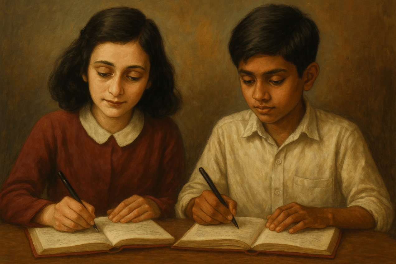 Anne and a boy writing in their diaries together